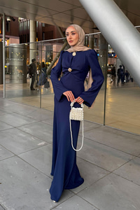 Gold Düğme Saten Elbise  Lacivert