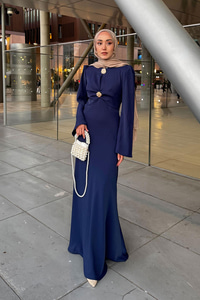 Gold Düğme Saten Elbise  Lacivert