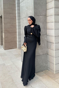 Gold Düğme Saten Elbise  Siyah