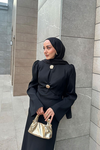 Gold Düğme Saten Elbise  Siyah