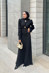 Gold Düğme Saten Elbise  Siyah