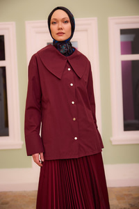 Gold Düğme Ve Kemer Detaylı Gömlek Bordo