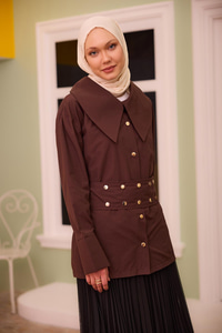 Gold Düğme Ve Kemer Detaylı Gömlek Kahverengi