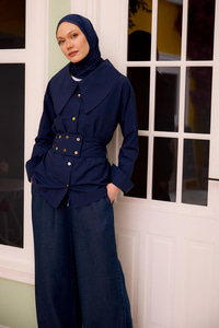 Gold Düğme Ve Kemer Detaylı Gömlek Lacivert