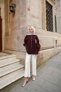 Gold Düğme Ve Piliseli Gömlek Bordo