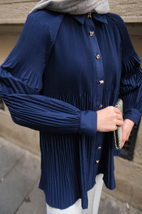 Gold Düğme Ve Piliseli Gömlek Lacivert