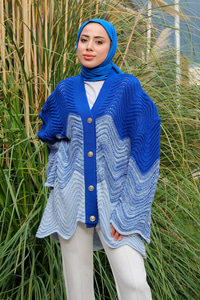 Gold Düğmeli Dalgalı Hırka Mavi