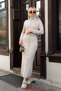 Gold Düğmeli Kemerli Elbise Bej