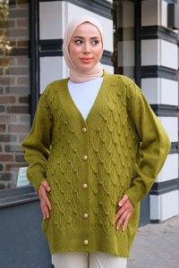 Gold Düğmeli Örme Hırka Fıstık Yeşil