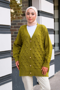 Gold Düğmeli Örme Hırka Fıstık Yeşil