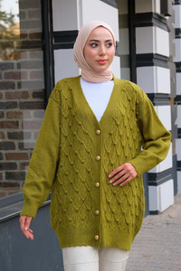 Gold Düğmeli Örme Hırka Fıstık Yeşil