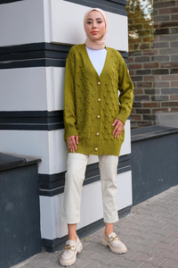 Gold Düğmeli Örme Hırka Fıstık Yeşil