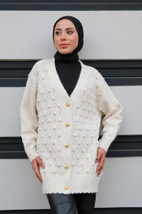 Gold Düğmeli Örme Hırka Krem