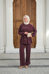 Gold Düğmeli Pileli Pantolonlu Takım Mürdüm