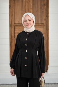 Gold Düğmeli Pileli Pantolonlu Takım Siyah