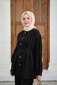 Gold Düğmeli Pileli Pantolonlu Takım Siyah