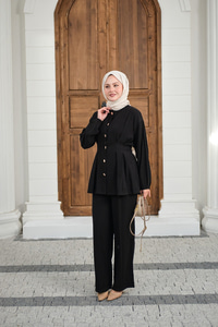 Gold Düğmeli Pileli Pantolonlu Takım Siyah