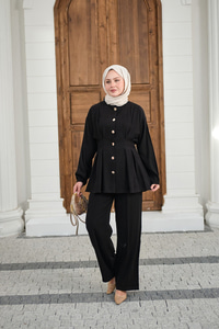 Gold Düğmeli Pileli Pantolonlu Takım Siyah