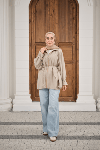 Gold Fermuar Detay Dikiş İzli Ceket Bej