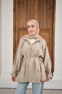 Gold Fermuar Detay Dikiş İzli Ceket Bej