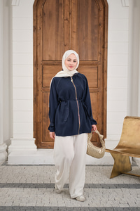 Gold Fermuar Detay Dikiş İzli Ceket Lacivert