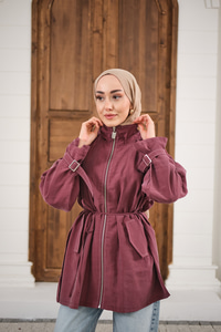 Gold Fermuar Detay Dikiş İzli Ceket Mürdüm