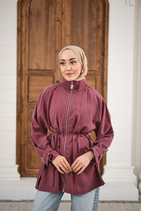 Gold Fermuar Detay Dikiş İzli Ceket Mürdüm