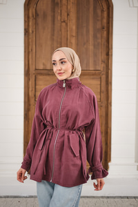 Gold Fermuar Detay Dikiş İzli Ceket Mürdüm