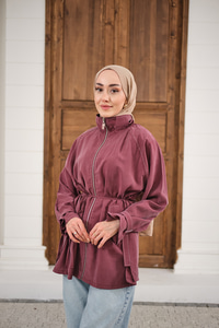 Gold Fermuar Detay Dikiş İzli Ceket Mürdüm