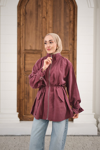 Gold Fermuar Detay Dikiş İzli Ceket Mürdüm