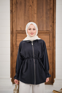 Gold Fermuar Detay Dikiş İzli Ceket Siyah