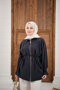 Gold Fermuar Detay Dikiş İzli Ceket Siyah