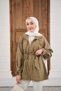 Gold Fermuar Detay Dikiş İzli Ceket Yağ Yeşil