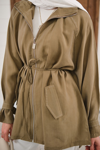 Gold Fermuar Detay Dikiş İzli Ceket Yağ Yeşil