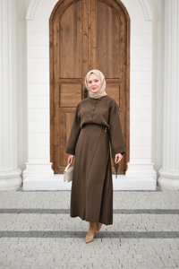 Gold Kemer Detay Gömlekli Takım Kahverengi