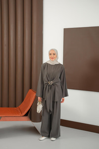 Gold Kemer Detay Takım Gri