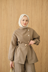 Gold Kemerli Düğme Detay Takım Hardal