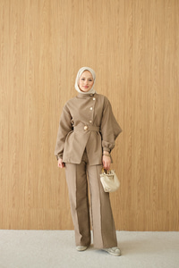 Gold Kemerli Düğme Detay Takım Hardal