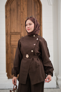 Gold Kemerli Düğme Detay Takım Kahverengi