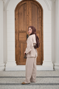 Gold Kemerli Düğme Detay Takım Krem