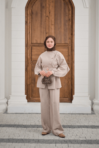 Gold Kemerli Düğme Detay Takım Krem