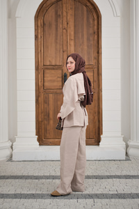 Gold Kemerli Düğme Detay Takım Krem