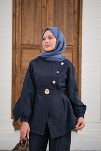 Gold Kemerli Düğme Detay Takım Lacivert