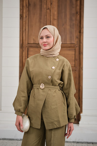 Gold Kemerli Düğme Detay Takım Yağ Yeşil