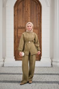 Gold Kemerli Düğme Detay Takım Yağ Yeşil