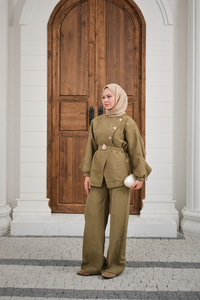 Gold Kemerli Düğme Detay Takım Yağ Yeşil