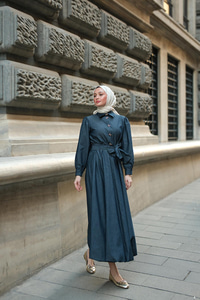 Gold Kurdele Düğme Detaylı Kot Elbise Koyu Mavi