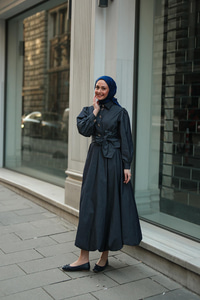 Gold Kurdele Düğme Detaylı Kot Elbise Lacivert