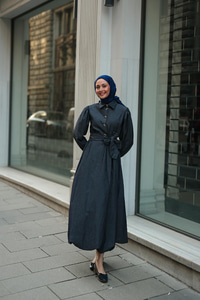 Gold Kurdele Düğme Detaylı Kot Elbise Lacivert