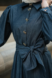 Gold Kurdele Düğme Detaylı Kot Elbise Koyu Mavi